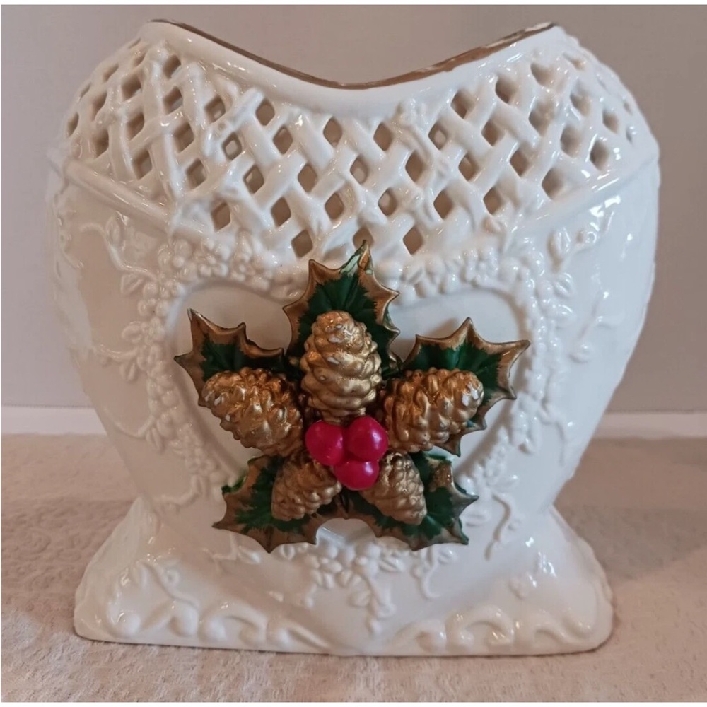 Vintage Christmas Porcelain Vase/Planter w/ Raised Holly & Pinecones